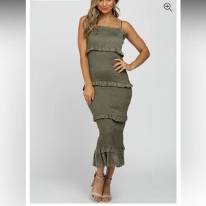 Olive Satin Smocked Fitted Maternity Midi Dress